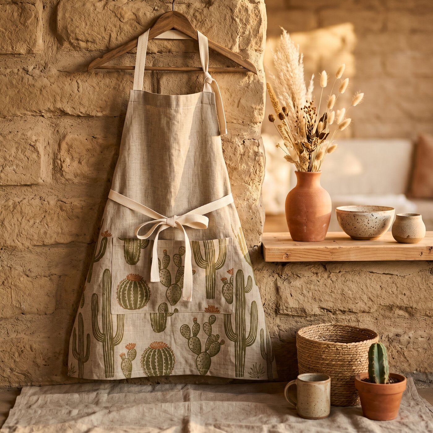 Cactus Print Apron Heavy Linen
