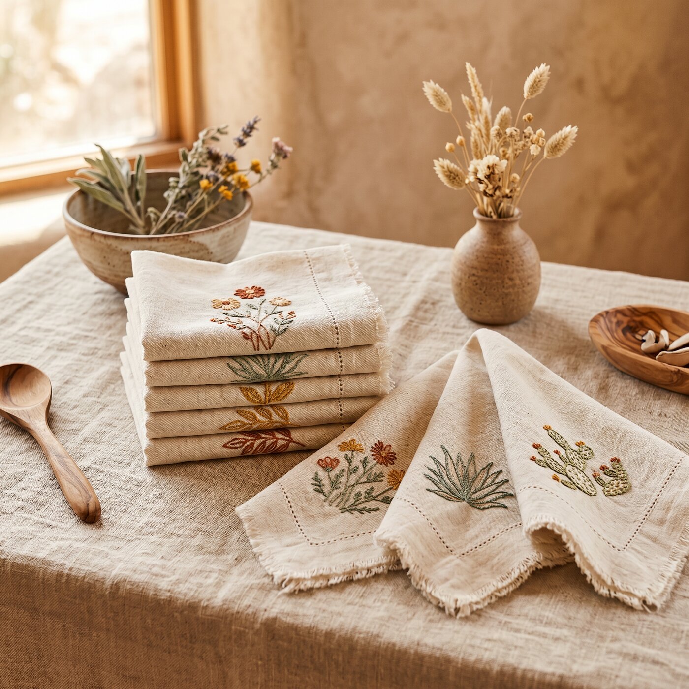 Hand-Embroidered Linen Napkin Set of 12