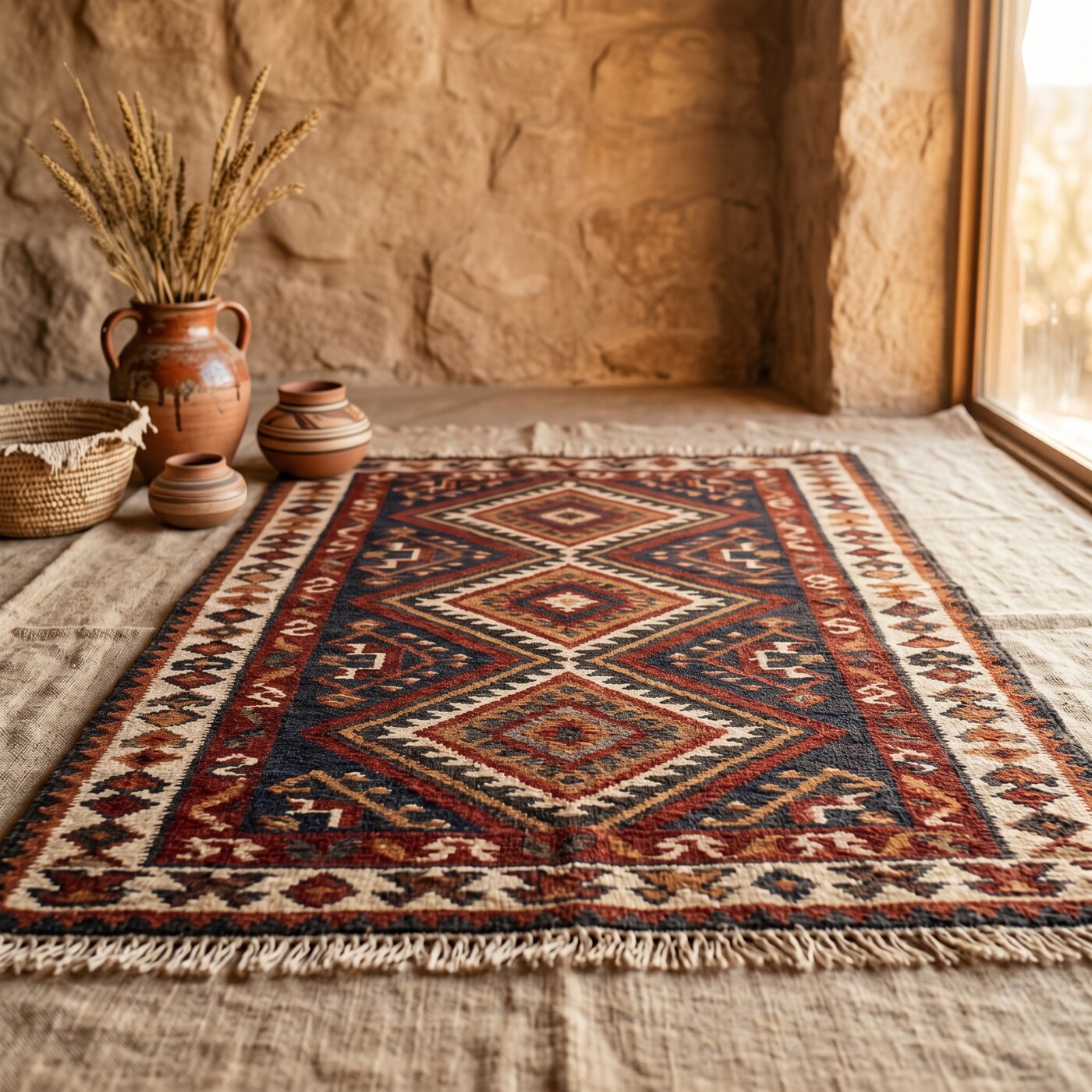 Heirloom Navajo-Style Wool Rug 9x12 Hand-Knotted