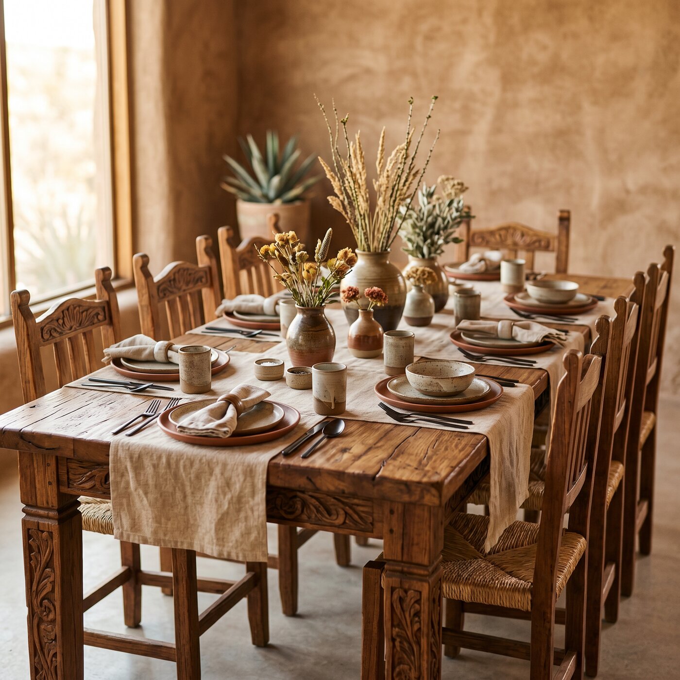 Hand-Carved Mesquite Dining Table Seats 8