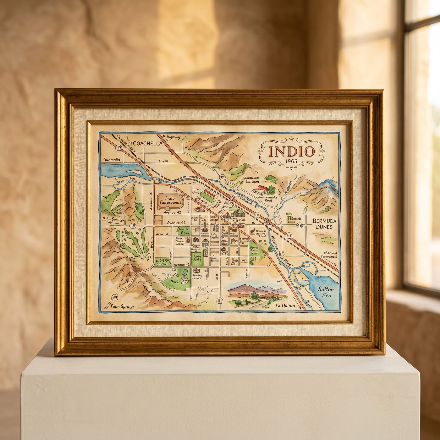 Vintage 1965 Indio Map Original Watercolor Framed