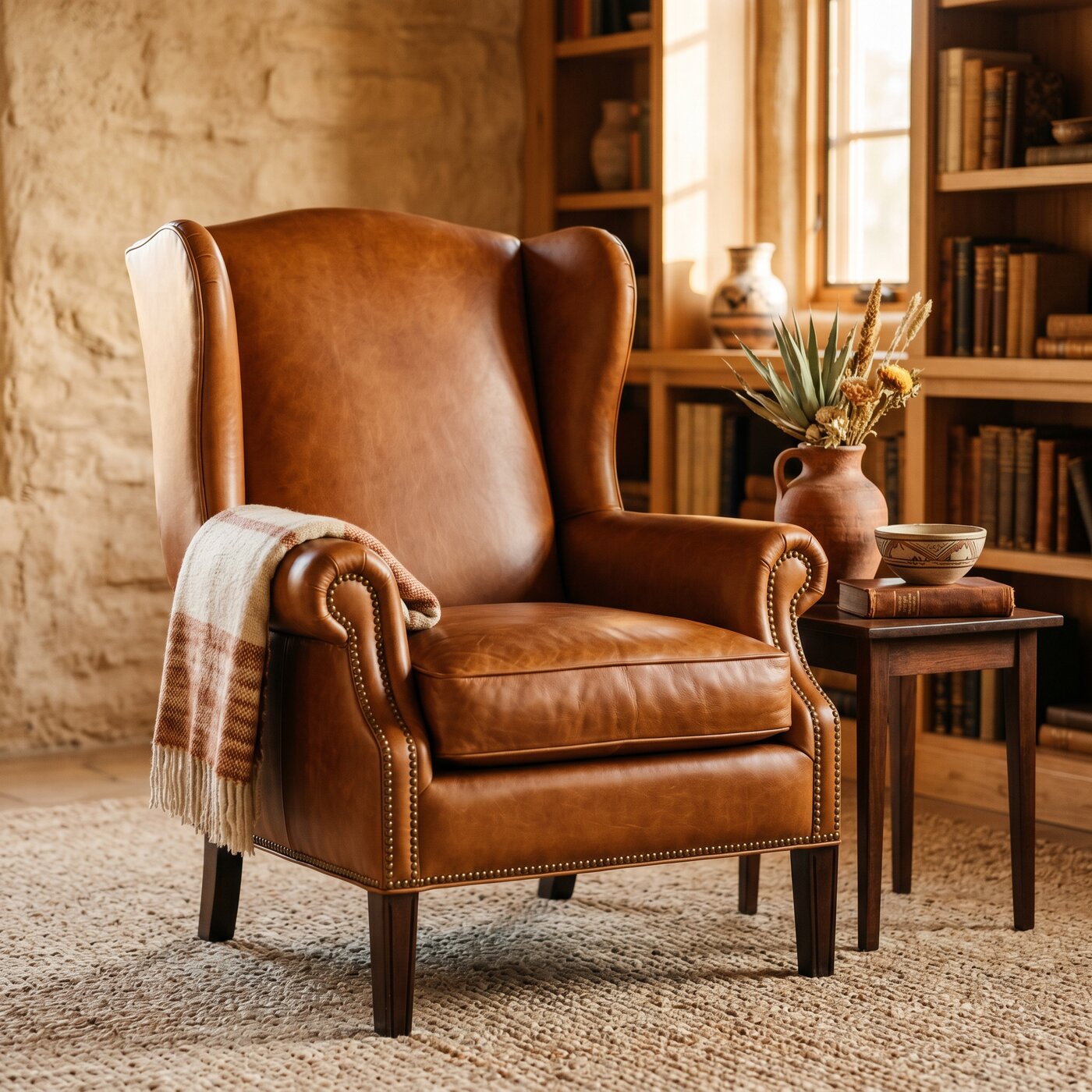 Custom Leather Library Wing Chair Saddle Tan