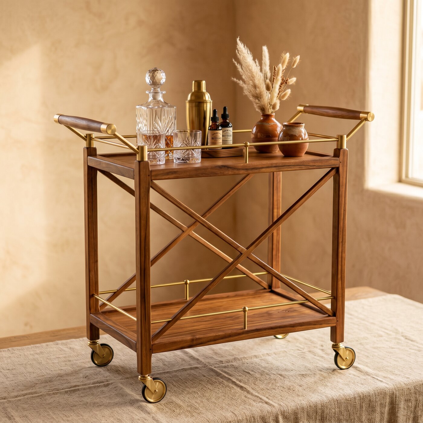 Custom Mesquite & Brass Bar Cart Heirloom